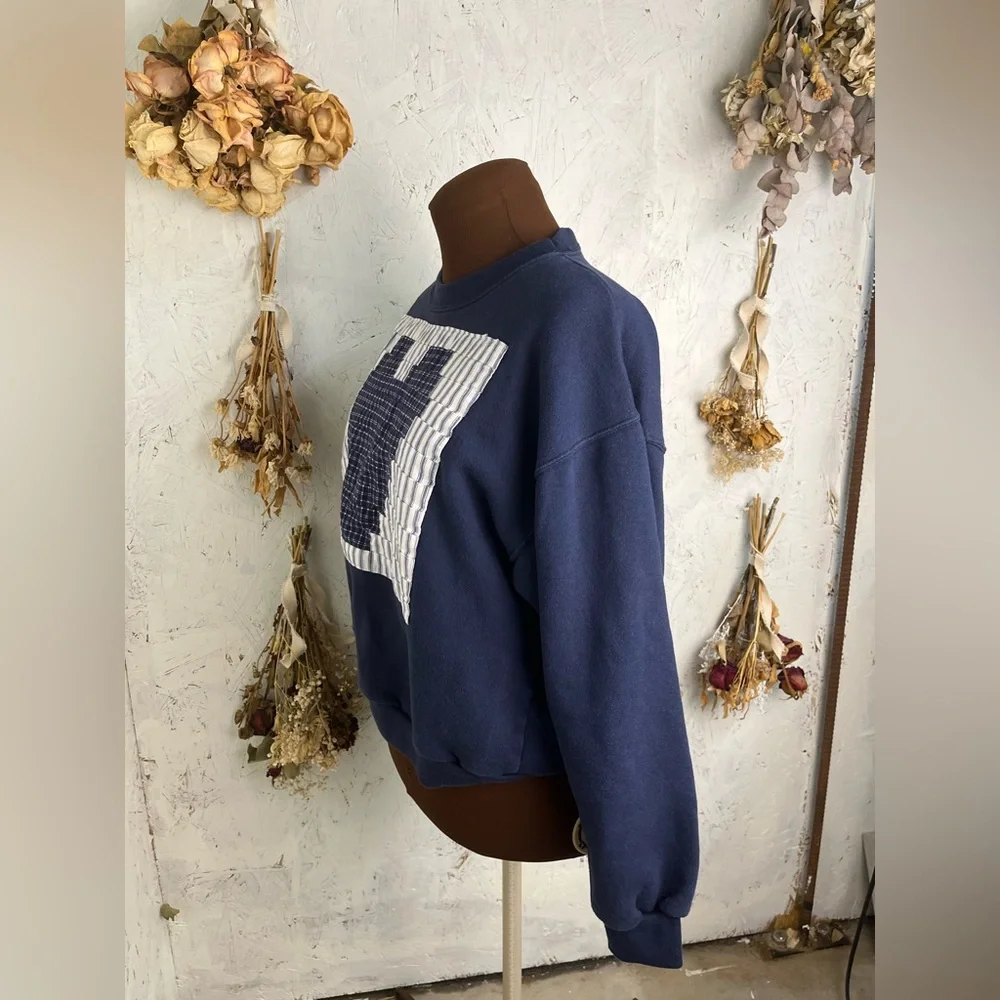 Vintage Quilted Patchwork Cottagecore Grandma Heart Blue Sweater Large - Picture 3 of 5